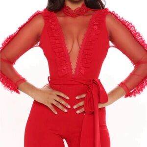 Red Sheer Sleeve Jumpsuit